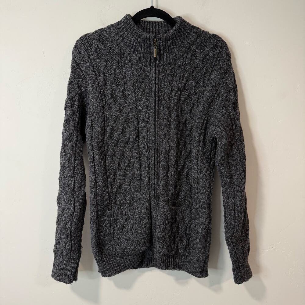 Aran Crafts Men's Full Zip Sweater Cable Knit Merino Wool Charcoal Gray Small